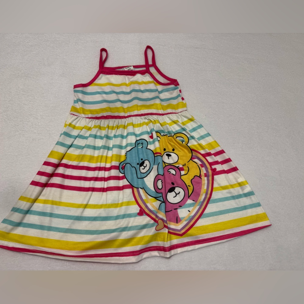 SHEIN Multicolor Striped Kids Dress with Bear Motif